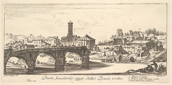 Plate 14: Senatorial Bridge, today called the Ponte Rotto (Broken Bridge). 1. Temple of Vesta. 2. Temple of Fortuna Virilis. 3. Part of the ancient Palatine. (Ponte Senatorio oggi detto Ponte rotto), from "Antichità Romane de' Tempi della Repubblica, e de' primi Imperatori"