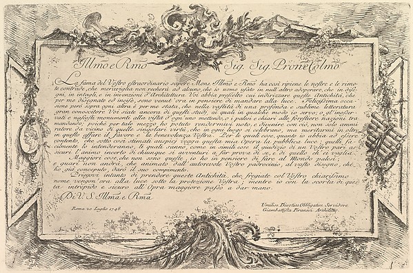 Dedication to Giovanni Bottari (Dédicace à Bottari), from "Antichità Romane de' Tempi della Repubblica, e de' primi Imperatori"