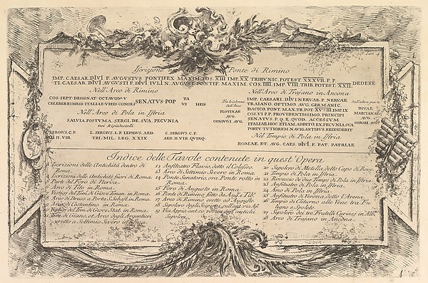 Iscrizione nei lati del Ponte di Rimino (Inscription on the side of the Rimini Bridge) followed by an index of plates in the volume, from "Antichità Romane de' Tempi della Repubblica, e de' primi Imperatori"