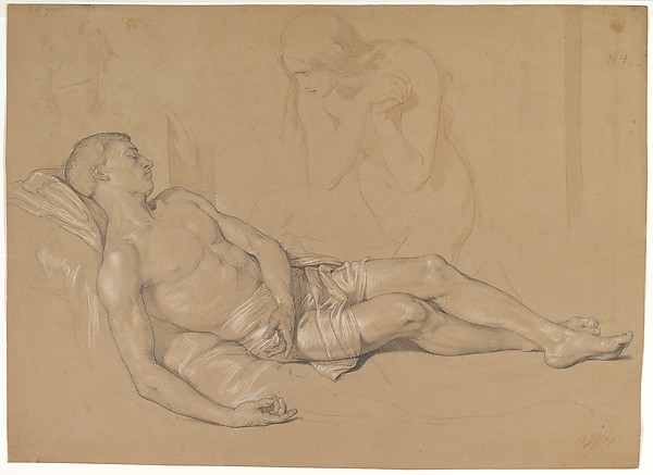 A Nude Woman Kneeling at the side of a Reclining Man (Study for Mary Magdalen Lamenting Christ) by Julius Hübner