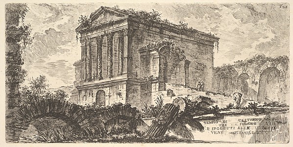 Plate 26: Temple of Clitumnus between Foligno and Spoleto... (Tempio di Clitumno tra Fuligno e Spoletti...), from "Alcune Vedute di Archi Trionfali ed altri monumenti inalzati da Romani parte di quali se veggono in Roma e parte per l'Italia" (Some Views of Triumphal Arches and other monuments erected by the Romans, some of which are in Rome and some elsewhere in Italy)
