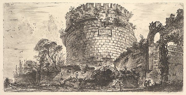 Plate 20: Tomb of Caecilia Metella called the Capo di Bove (Ox Head) (Sepolcro di Metela detto Capo di Bove), from "Alcune Vedute di Archi Trionfali ed altri monumenti inalzati da Romani parte di quali se veggono in Roma e parte per l'Italia" (Some Views of Triumphal Arches and other monuments erected by the Romans, some of which are in Rome and some elsewhere in Italy)