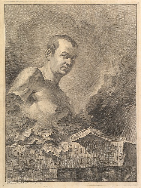 Portrait of G.B. Piranesi in imitation of an antique bust, from "Opere varie di Architettura, prospetive, grotteschi, antichità; inventate, ed incise da Giambattista Piranesi Architetto Veneziano" (Various Works of Architecture, perspectives, grotesques, and antiquities, designed and etched by Giambattista Piranesi, Venetian Architect)