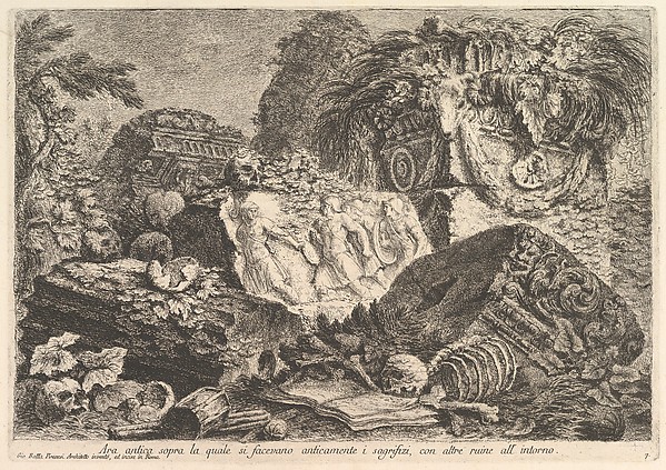 Ancient Altar on which sacrifices were performed in antiquity, surrounded by other ruins (Ara antica sopra la quale si facevano anticamente i sagrifizi, con altre ruine all'intorno), from "Prima Parte di Architettura, e Prospettive"