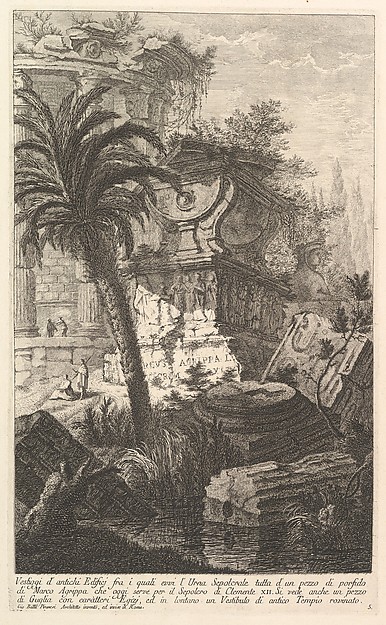 Remains of ancient buldings among which stands the sepulchral urn of Marcus Agrippa made entirely of porphyry, which serves today as the Tomb of Clement XII... (Vestiggi d'antichi Edifici fra i quali evvi l'Urna Sepolcrale tutta d'un pezzo di...), from "Prima Parte di Architettura, e Prospettive"