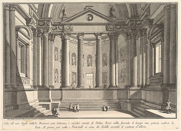Colonnaded hall according to the custom of the ancient Romans, and niches adorned with statues (Sala all'uso degli antichi Romani con Colonne, e nicchie ornate di Statue), from "Prima Parte di Architettura, e Prospettive"