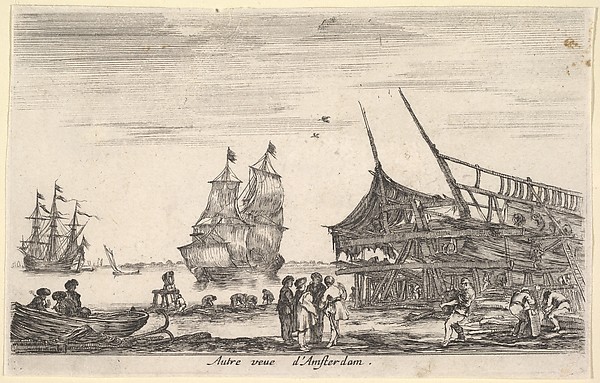 Another view of Amsterdam (Autre vue d'Amsterdam), a group of four men stand in center on a seashore, a boat being built to right, a rowboat on shore to left, two ships to left in the background, from 'Views of seaports' (Vues de ports de mar)