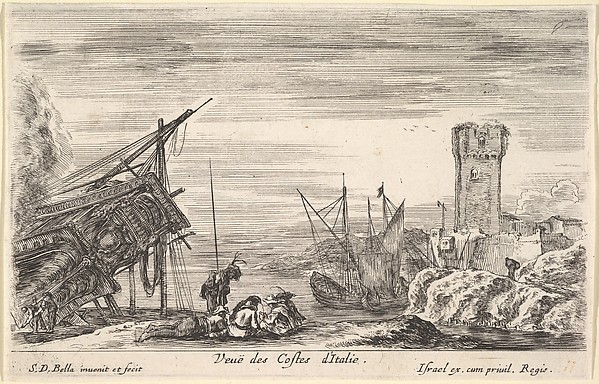 View of the coast of Italy (Veue des Costes d'Italie), the bow of a ship resting to left, a group of men playing cards in center, a tower in ruins to right in the background, from 'Views of seaports' (Vues de ports de mar)