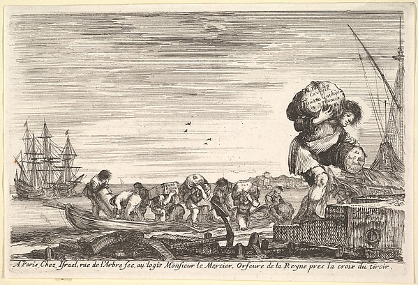 Title page: men carrying bags across a rowboat and onto shore in center, one man carrying two bags in right in the foreground, ships to left and right in the background, from 'Views of seaports' (Vues de ports de mar)