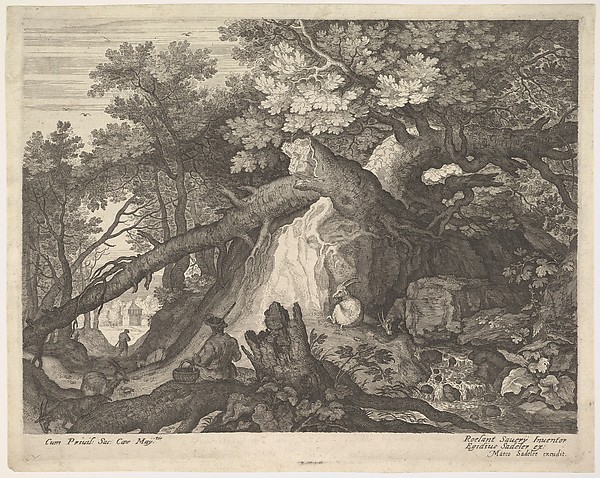 A man holding a staff and seated on a tree trunk; with two goats to either side; surrounded by downed trees, foliage, and a stream; from a series of six landscapes after Roelandt Savery