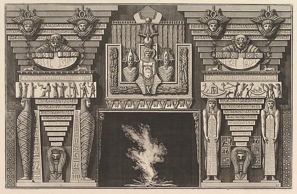 Chimneypiece in the Egyptian style: Two mummies in profile on the left and two figures brearing obelisks on the right (Ch. à l'ègyptienne), from Diverse Maniere d'adornare i cammini ed ogni altra parte degli edifizi...(Different Ways of ornamenting chimneypieces and all other parts of houses)