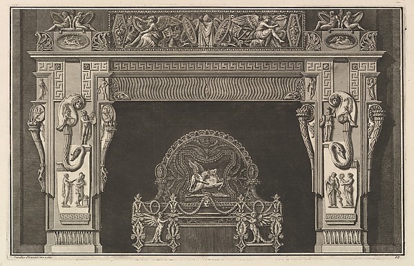 Chimneypiece: Frieze of trophies and winged Victories on the lintel, with cornucopias to either side of the jambs decorated with varied reliefs (Ch. décorée d'une grecque), from Diverse Maniere d'adornare i cammini ed ogni altra parte degli edifizi...(Different Ways of ornamenting chimneypieces and all other parts of houses)
