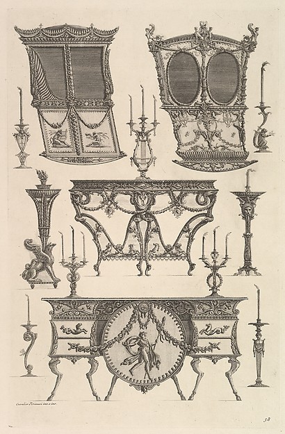 Miscellaneous furniture including two sedan chairs, a side table and a commode (Deux ch. à porteurs v. de côté, console, flambeau.), from Diverse Maniere d'adornare i cammini ed ogni altra parte degli edifizi...(Different Ways of ornamenting chimneypieces and all other parts of houses)