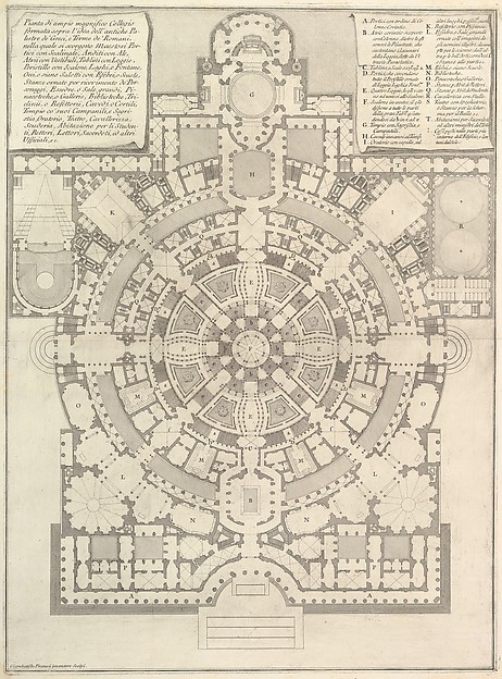 Plan of a spacious and magnificent College designed after the ancient gymnasia of the Greeks and the baths of the Romans..., from "Opere Varie di Architettura, prospettive, grotteschi, antichità; inventate, ed incise da Giambattista Piranesi Architetto Veneziano" (Various Works of Architecture, perspectives, grotesques and antiquities; designed and etched by Giambattista Piranesi, Venetian Architect)