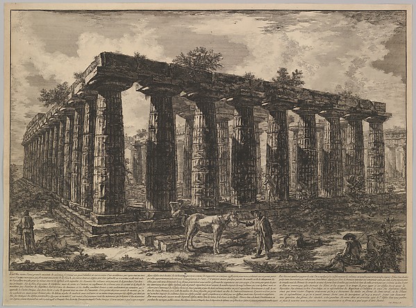 View showing the remains of a large enclosure of columns..., from Différentes vues de quelques Restes de trois grands Edifices qui subsistent encore dans le milieu de l'ancienne Ville de Pesto autrement Posidonia qui est située dans la Lucanie (Different views of some of the remains of three great edifces that still exist at teh center of the ancient city of Pesto, or Posidonia [Paestum], which is siutated in Lucania) by Giovanni Battista Piranesi, The Metropolitan Museum of Art