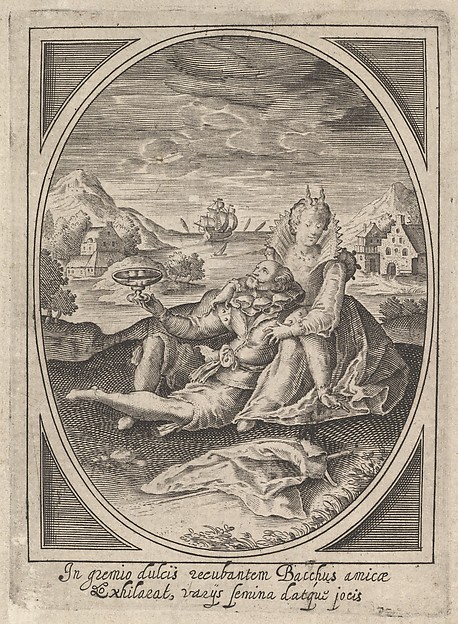 A couple seated on the ground, the man holding a goblet and reclining against the woman's leg, a ship at sea and landscape beyond