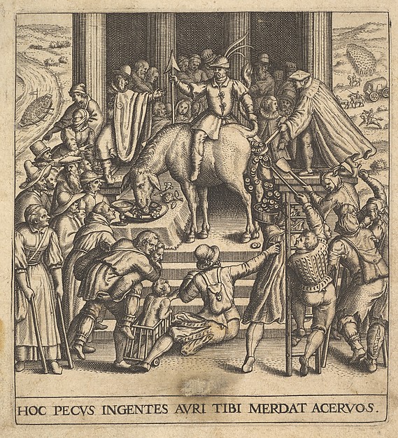 Men collecting dung dropping from the hindquarters of a mule, with a rider sitting backward on the mule and holding its tail aside, surrounded by onlookers spread around a stepped platform, from "Secular Emblems" (Emblemata Saecularia)