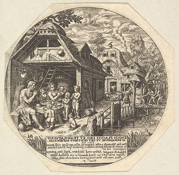 Enoch and his family surrounding a meal table and holding their hands in a gesture of prayer; behind them is the open end of house; to the right a woman hands out bread to a child, young man, and old man