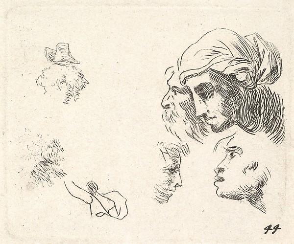 Study of heads in profile view, a woman with headcloth and bearded man whose heads overlap above, two facing profiles below