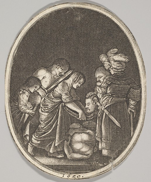 Salome receiving the head of John the Baptist, surrounded by three men and a child bearing a torch, the Baptist's body lies on the ground by Hendrick Goudt