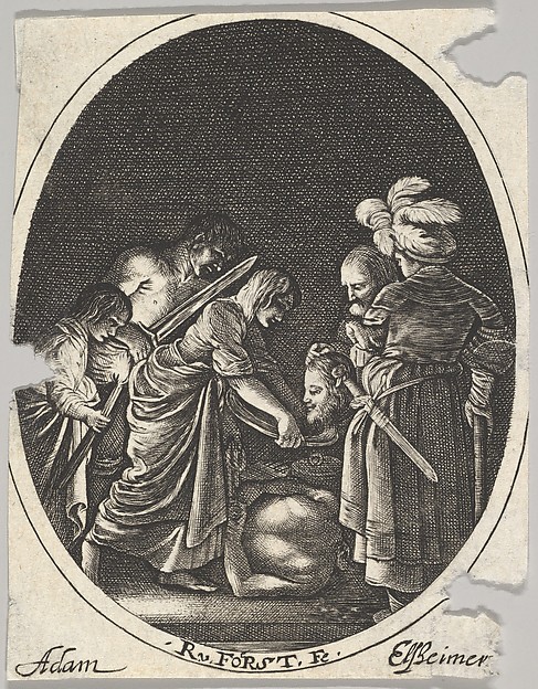 Salome receiving the head of John the Baptist, surrounded by three men and a child bearing a torch, the Baptist's body lies on the ground by Hendrick Goudt