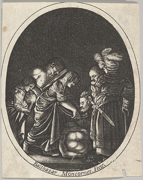 Salome receiving the head of John the Baptist, surrounded by three men and a child bearing a torch, the Baptist's body lies on the ground by Balthazar Moncornet