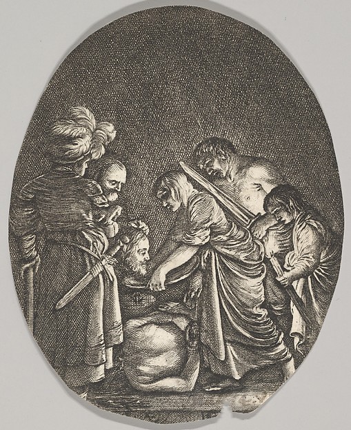 Salome receiving the head of John the Baptist, surrounded by three men and a child bearing a torch, the Baptist's body lies on the ground by Hendrick Goudt
