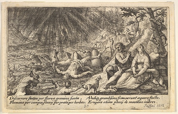 The beginning of the Flood: men and women climb to higher ground at right, water overtaking animals and people at left, Noah's Ark beyond, from "Liber Genesis" by Crispijn de Passe the Elder