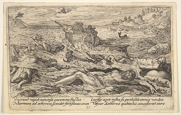 The Flood destroys life on earth: corpses of humans and animals adrift in the foreground, Noah's ark beyond and a flying dove holding a branch above, from "Liber Genesis" by Crispijn de Passe the Elder