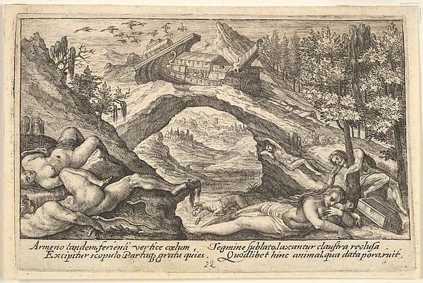 Aftermath of the Flood: human bodies strewn on dry land in the foreground, Noah's ark moored on a rocky outcrop beyond, from "Liber Genesis" by Crispijn de Passe the Elder