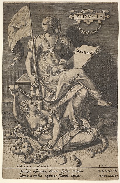 Fiducia, a seated woman holds a book and banner while turning her head away from a bare-breasted woman, who lies at her feet before an assemblage of masks on the ground, from the series 'Virtues conquering vices' after Maerten de Vos