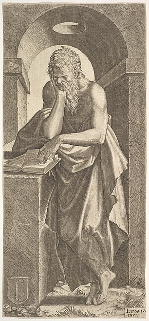 St. Simon standing before an open book with the fingers of his left hand pressed onto the pages, from "Christ and the Twelve Apostles" by Lambert Suavius