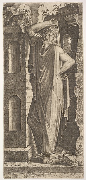 St. Philip(?), standing with his left hand on his hip and his right hand resting on his head, from "Christ and the Twelve Apostles" by Lambert Suavius