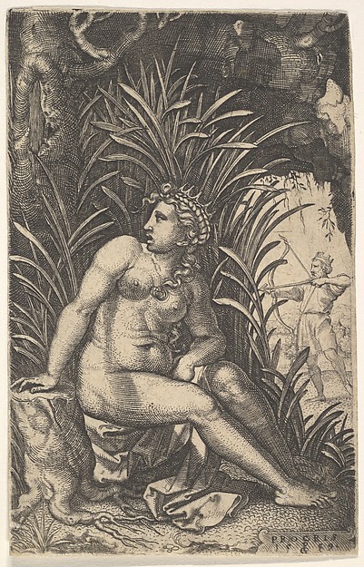 Cephalus and Procris: Procris turns her head over her right shoulder while seated nude in a thicket, Cephalus draws an arrow with a bow beyond, from a series of four mythological scenes