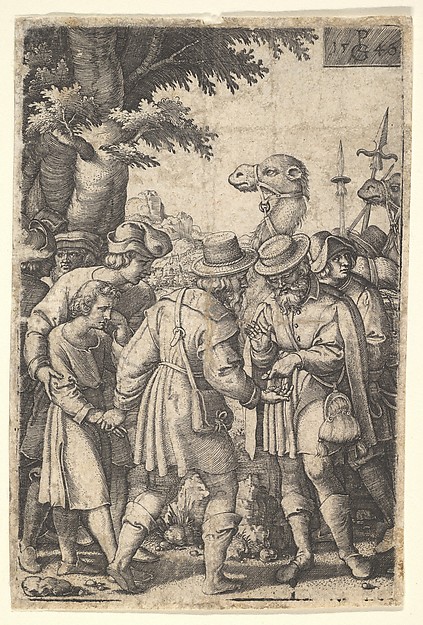 Joseph sold to the merchants: a bearded man grasping Joseph with his left hand receives coins in his right hand, from the series 'The Story of Joseph'