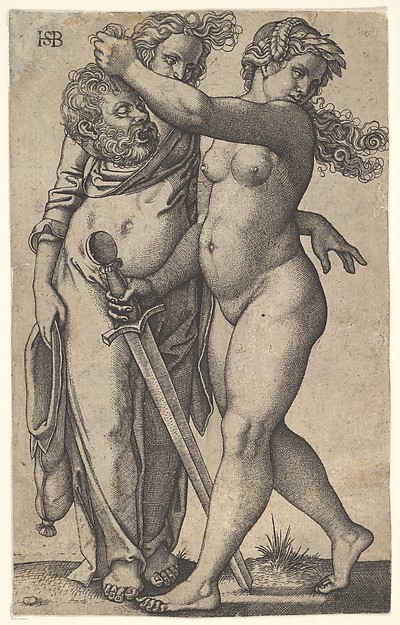 Judith walking to the left with the head of Holofernes in her right hand and a sword in her left hand, her servant standing behind the head to left