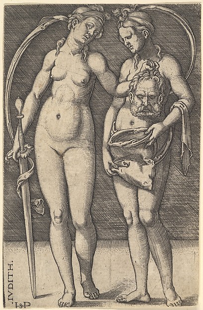 Judith standing to right and holding the head of Holofernes in her right hand and a sword in her left hand, her servant standing to right holding an open bag