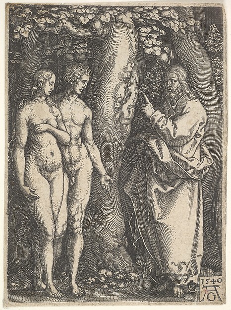 God at right forbidding the nude Adam and Eve at left to eat from the tree of knowledge in center, from 'Adam and Eve'