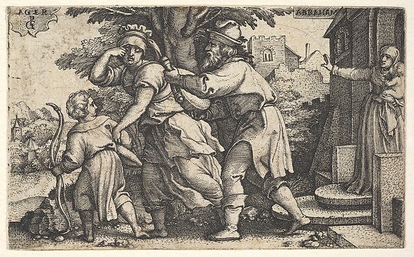 Abraham sending away Hagar and Ishmael: Abraham holds forth a vessel as Hagar and Ishmael stride before him, from "The Story of Abraham" by Georg Pencz