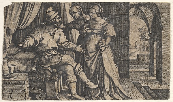Sarah presenting Hagar to Abraham, who sits at the foot of a bed, from "The Story of Abraham" by Georg Pencz