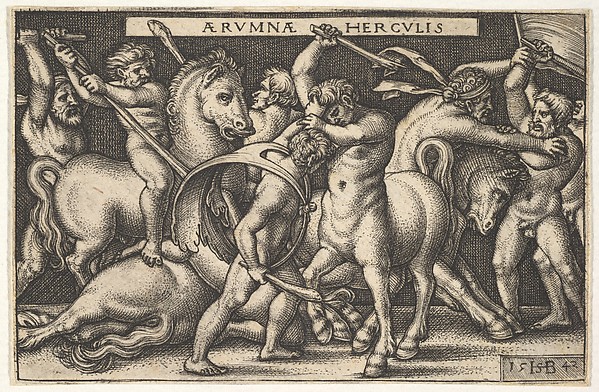 Hercules with his club in center fighting a centaur, other men fighting centaurs to left and right, from 'The labors of Hercules'