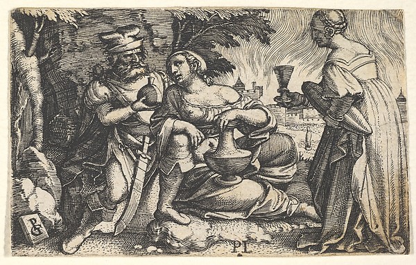 Lot and his daughters: a daughter at center rests her right arm on Lot's knee and a vessel on her thigh, at right a daughter holds a goblet in her outstreched right hand, from a series of ten Old Testament scenes