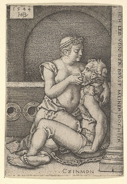 Cimon seated against a column at right, suckling from Pero who is kneeling next to him