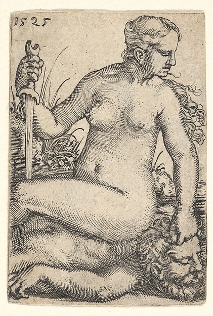 Judith, looking towards the right, seated nude atop the dead body of Holofernes, with a sword in her right hand and the head of Holofernes in her left hand