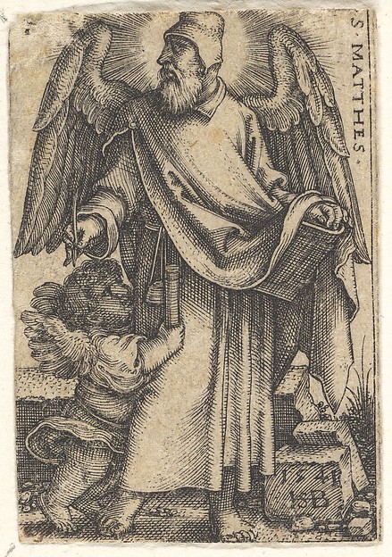 Saint Matthew with his head turned in profile to the left, a cherub at bottom left, plate 1 from "The Four Evangelists" by Sebald Beham