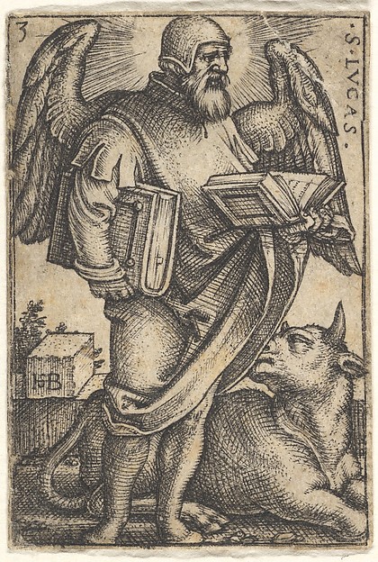 Saint Luke with his head turned in profile to the right, a book in each hand, a bull at his feet, plate 3 from "The Four Evangelists" by Sebald Beham