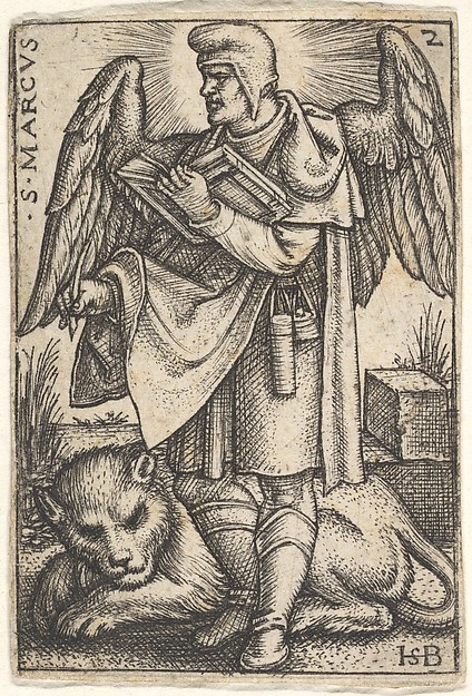 Saint Mark, his head turned in profile to the left, with an open book in his right hand and a lion at his feet, plate 2 from "The Four Evangelists" by Sebald Beham