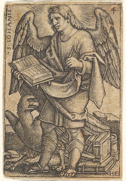 Saint John with his head turned three-quarters to the left, with a book in his right hand and an eagle at his fee, plate 4 from "The Four Evangelists" by Sebald Beham