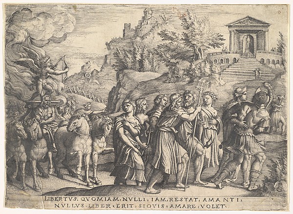 Triumph of Love: four horses draw a carriage with Cupid standing upon a smoking platform, preceded by gods and goddesses on foot, a temple with gabled pediment at crest of hill beyond, from the series 'The Triumphs of Petrarch'