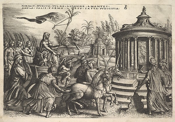 Triumph of Chastity: unicorns draw a carriage bearing a female figure seated next to a sphinx and holding a standard, Vestal virgins walk behind the carriage, round temple of Vesta at right, from the series 'The Triumphs of Petrarch'